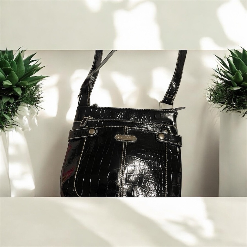 Rossetti Black Croc Embossed Faux Patent Leather Crossbody Bag